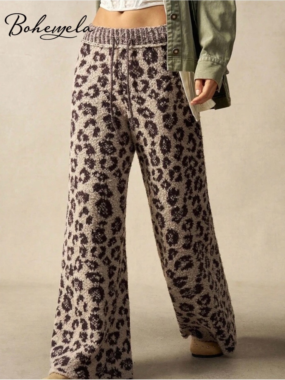 NWT Bohemela Cream & Brown Leopard Knit Wide-Leg Joggers, Size Large